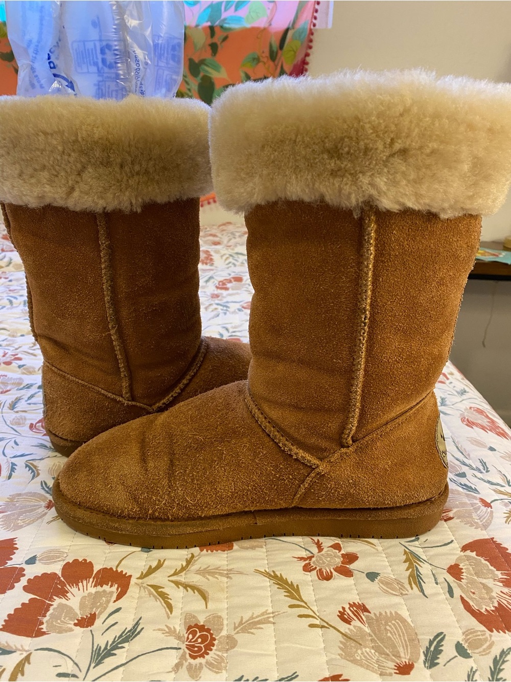 BearPaw Chestnut Suede Shearling Cuff Mid-Calf Boots